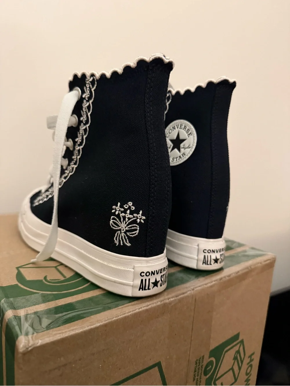Black High-Top Canvas Sneakers with White Lace-Up and embroidery